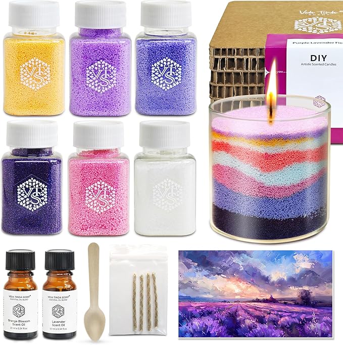 Lavender Field DIY Pearled Candle Sand Set -11 Oz Sand Wax Beads (6 Colors), 2x10ml Scented Essential Oils, 4 Reusable Wicks, Glass Cup & Spoon, Home Decor & Handmade Gift & Craft Enthusiasts