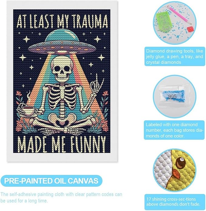 KIVJMSIDJA Skull Skeleton “At Least My Trauma Made Me Funny” Diamond Painting Kits for Adults,Diamond Art Kits for Beginners 5D Round Diamond 8"x12"