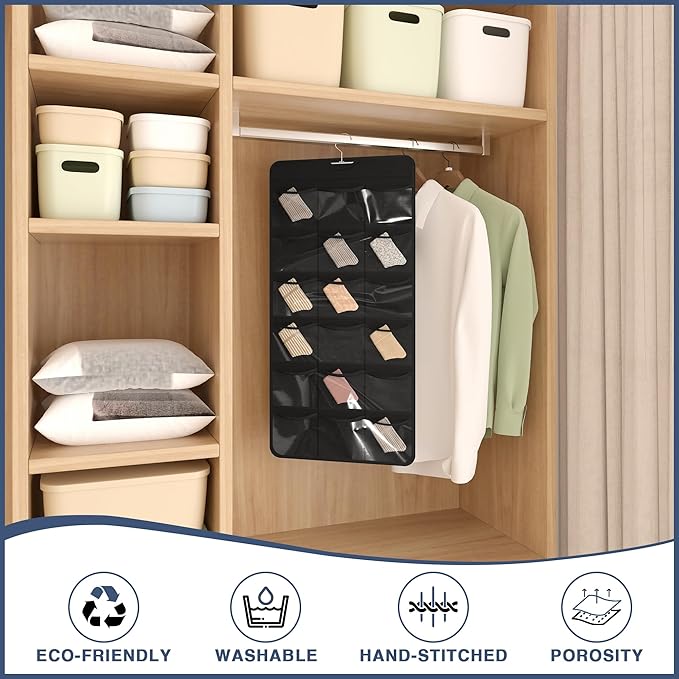 27-Pocket Hanging Organizer for Socks, Underwear, Bras, and Leggings, Dual-Sided Closet Storage for Lingerie and Kids’ Clothing, Black