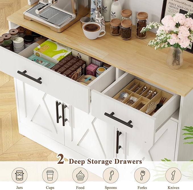 Vongrasig Farmhouse Pantry Cabinet with Charging Station, Tall Kitchen Pantry with Microwave Stand, Storage Drawers & Shelves, Large Kitchen Hutch for Living Room, Dining Room, White