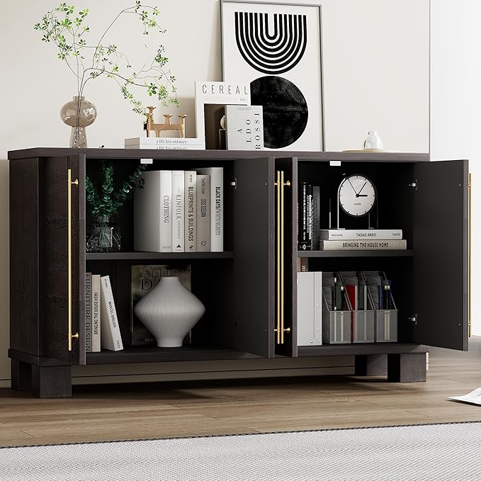 Amposei Modern Sideboard Buffet Cabinet 60-Inch Wood Credenza Console Storage Cabinet Dining Table with 4 Doors and Adjustable Shelves for Living Room Entryway, Taupe