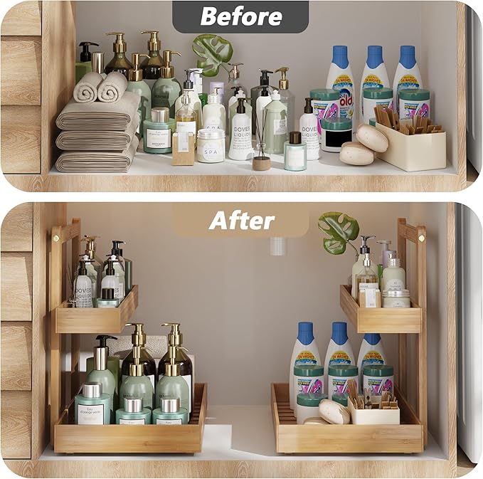 Bamboo Under Sink Organizer and Storage, 2 Tier Pull Out Cabinet Organizer, Slide Out Under Sink Storage Shelf, Undersink Organizers Shelves for Kitchen Bathroom Organization (Nature, 2 Packs)