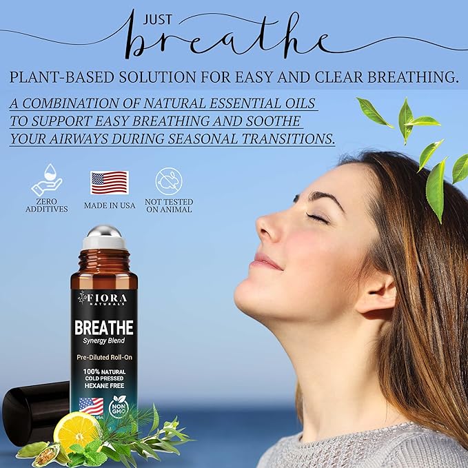 Fiora Naturals Breathe Essential Oil Roll-On Blend - 100% Pure Eucalyptus, Peppermint & Tea Tree Oil Aromatherapy Blend. Therapeutic-Grade
