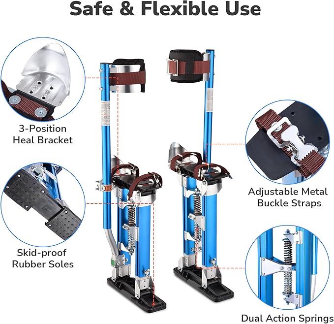 Yescom Drywall Stilts 16" - 24" Adjustable Aluminum Drywall Tools with Comfort Leg Pads for Sheetrock Painting Parade Costume Cleaning String Light Decor - Blue