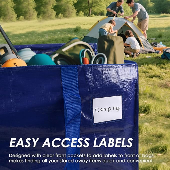 SINLAND 4 Pack Extra Large Heavy Duty Moving Bags with Strong Zippers, Reinforced Handles and Tag Pocket, Packing Totes Supplies for College Dorm Room, Packing Bags for Saving Space (Blue)