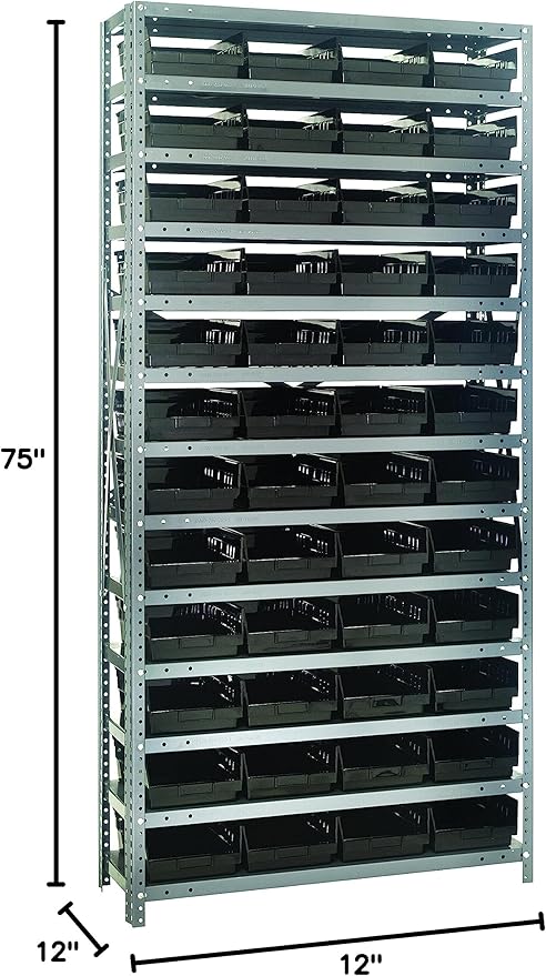 Quantum Storage Systems 1275-107BK Steel Shelving Unit with 4" Shelf Bins, 12" D x 36" W x 75" H, Black