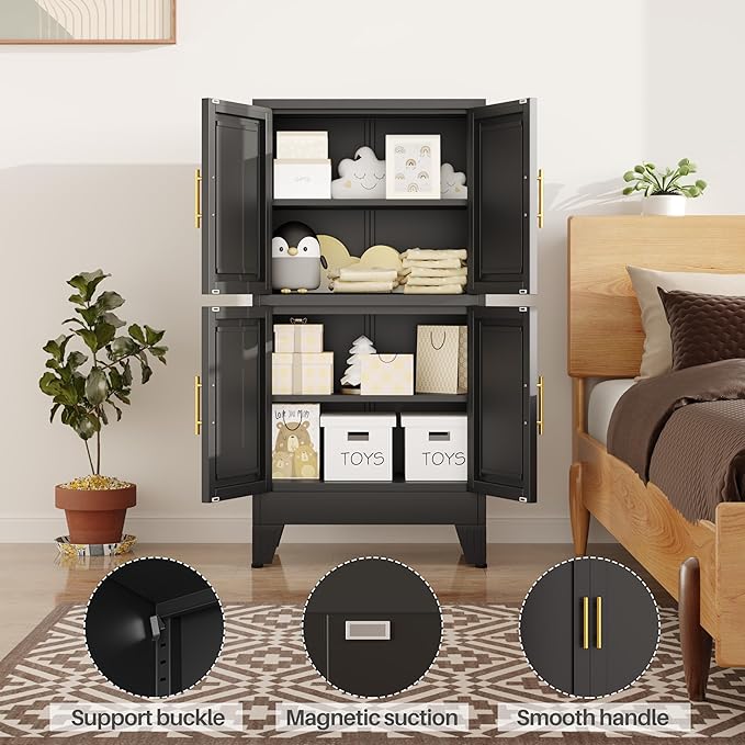 47“H Black Metal Bathroom Storage Cabinet, Kitchen Pantry Cabinet with Doors and 3 Adjustable Shelves, Bathroom cabinets Organizer, for Home Office, Bedroom