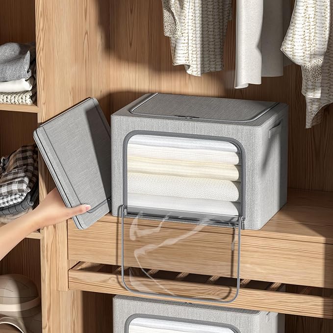CYhom 4 Pack Clothes Storage Bins with Metal Frame - Linen Fabric Foldable Stackable Container Organizer Set with Clear Window & Carry Handles & Zippers (Light Grey, 23.6"x16.5"x15.7")