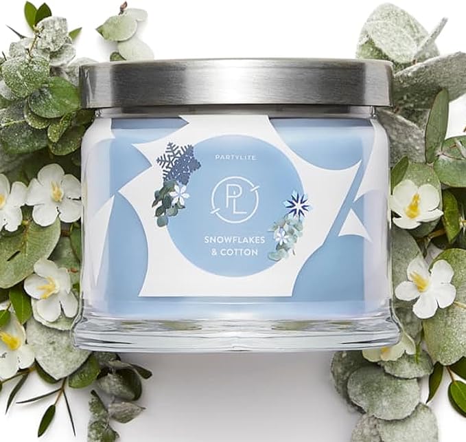 PartyLite 3-Wick Jar Candle, Highly Fragranced Clean Burning Glass Candle, 25-45 Hours Burn Time (Snowflakes & Cotton)