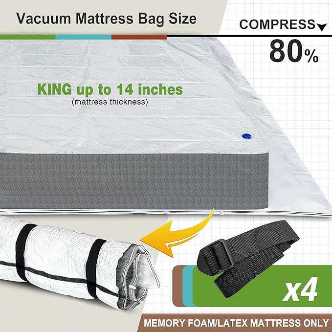 King Size Mattress Vacuum Bag for Memory Foam Latex Mattress Upto 14 Inch, Moving Shipping and Storage