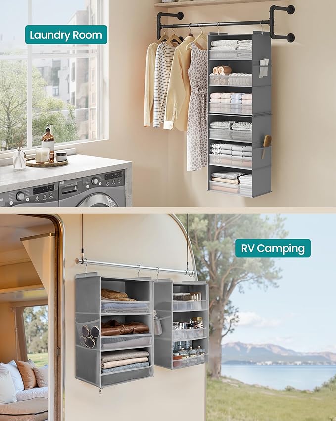 SONGMICS Set of 2 Hanging Closet Organizers, 6-Tier Fabric Storage Shelf, Separable Closet Hanging Shelf with Side Pockets, Foldable, Metal Hooks and Bamboo Inserts, Dove Gray URCH008G01