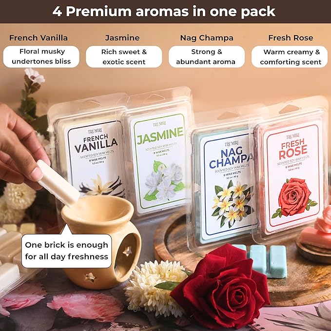 Scented Wax Melts Variety Pack of 4x8ea - Nag Champa|Fresh Rose|French Vanilla|Jasmine - Made with Non Toxic Soy Wax and Essential Oils- Long Lasting Strong Scent Pet Safe Candle Wax Cubes for Warmers