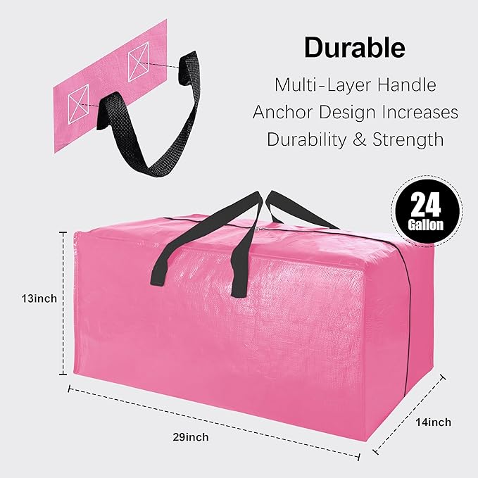 VELVETSURE 12 Pack Heavy Duty Large Moving Bags W/Backpack Straps - Strong Handles & Zippers, Storage Totes For Space Saving, Fold Flat, Alternative to Moving Box and Storage Bin, Pink