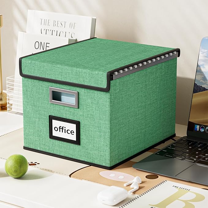 Huolewa File Organizer Box with Lid, Collapsible File Folder Organizer for Office Document Storage, Filing Box with Plastic Slide for Letter Size Hanging File Folders(1 Pack, Light Green)