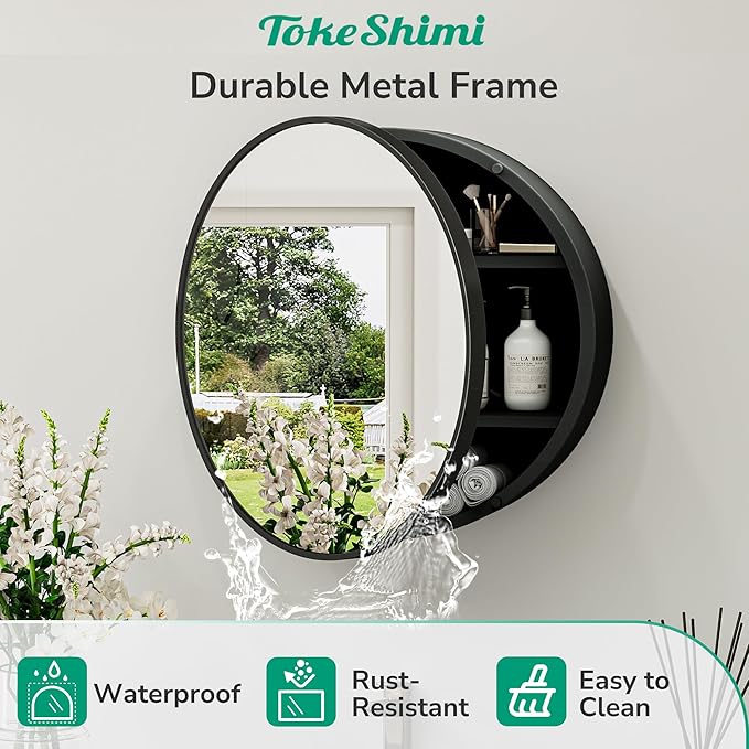 TokeShimi 28 Inch Round Medicine Cabinet for Bathroom with Mirror Surface Mount Only Black Metal Framed Mirrored Bathroom Cabinet Large Modern Farmhouse Circle Wall Mounted Vanity Mirror with Storage