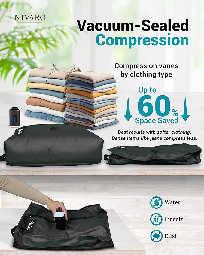 Travel Vacuum Compression Bags | Large 30L 1-Pack | Waterproof & Reusable | Space Saver Bags for Luggage | Wireless Pump Included