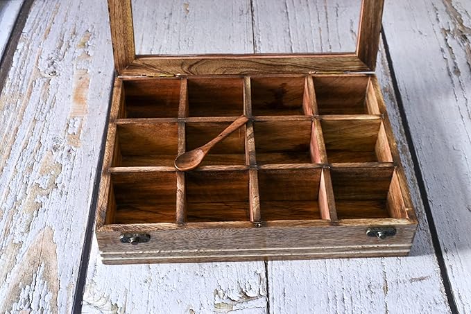 Indian Wooden Spice Box/Mango Wood Spice Boxes Housewarming Gift, Mother’s Day Gift "MADE IN INDIA"- 12 container- 12x3 inch
