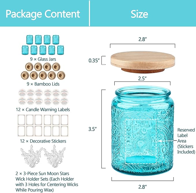 9-Pack 8oz Embossed Glass Candle Container with Bamboo Lids and Labels, Blue Candle Jars for Making Candles, Sun Moon Star Design