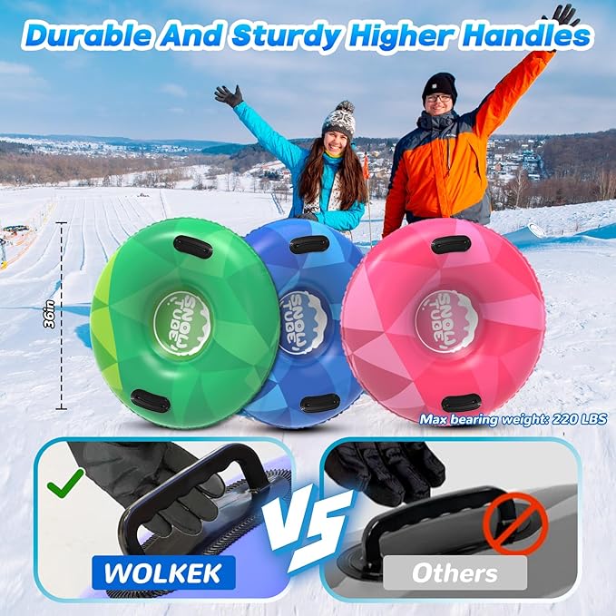 WOLKEK 3Pack Snow Tubes, Snow Sled for Kids and Adults, Cold-Resistant Inflatable Snow Tube, Thickened Heavy Duty Sleds for Winter with Handles, Snow Toys, Snow Sleds for Family Activities Outdoor Fun