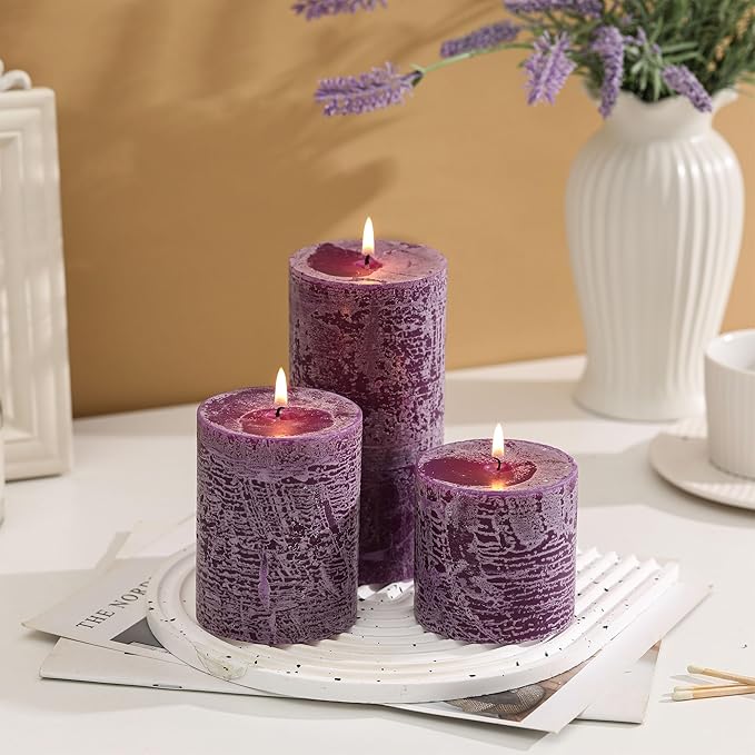 3x6 Inch Purple Pillar Candles Set of 3 - Hand-Poured Unscented Candles, Long Clean Burning, Large Big Candle, Smokeless Dripless Candle for Dinner Table, Wedding, Home, Bathroom, Advent Decor