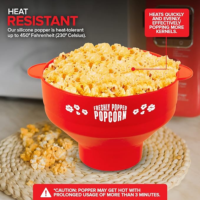 Silicone Microwave Popcorn Popper (Red) Air Popper Popcorn Maker No Oil Required, Collapsible Pop-Corn bowl with Lid, Reusable, BPA-Free, Dishwasher Safe