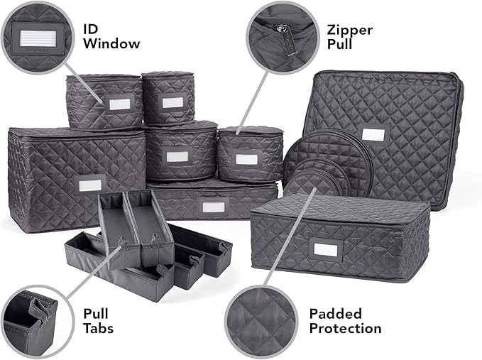 Covermates Keepsakes Dish Storage Set – Padded China & Dinnerware Storage Cases with Dividers, Cup & Stemware Storage, Quilted Polyester Protection, ID Window, Slate