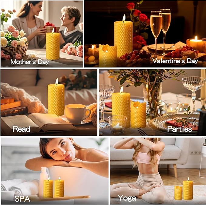 6 Pack Natural Beeswax Pillar Candles,Handmade Pure Beeswax Rolled Candles-120 Hours Long Burning,Honeycomb Bees Wax Candle for Home, Prayer,Dripless Smokeless Unscented Pillar Candle 2x4in