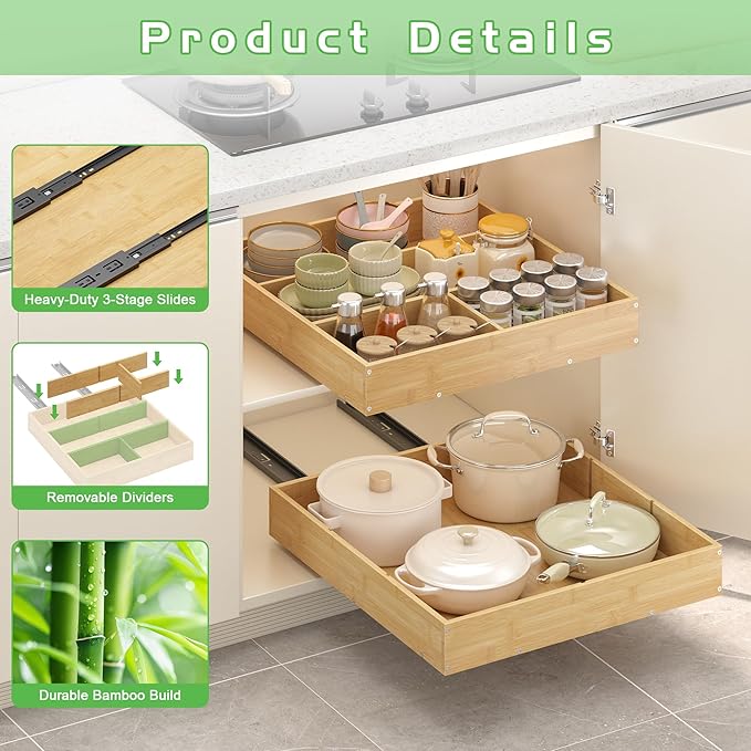 No Drill Pull Out Drawers for Cabinets, 20" W x 21" D Bamboo Adhesive Cabinet Organizer, Slide Out Shelves for Kitchen Pantry Bathroom Storage