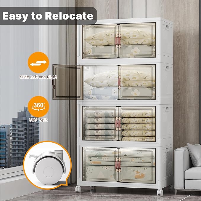 Stackable Storage Bins with Lids, 640QT Closet Organizers and Storage with Doors and Wheels, Extra Large Storage Cabinet, Collapsible Plastic Drawers for Bedroom Dorm Office