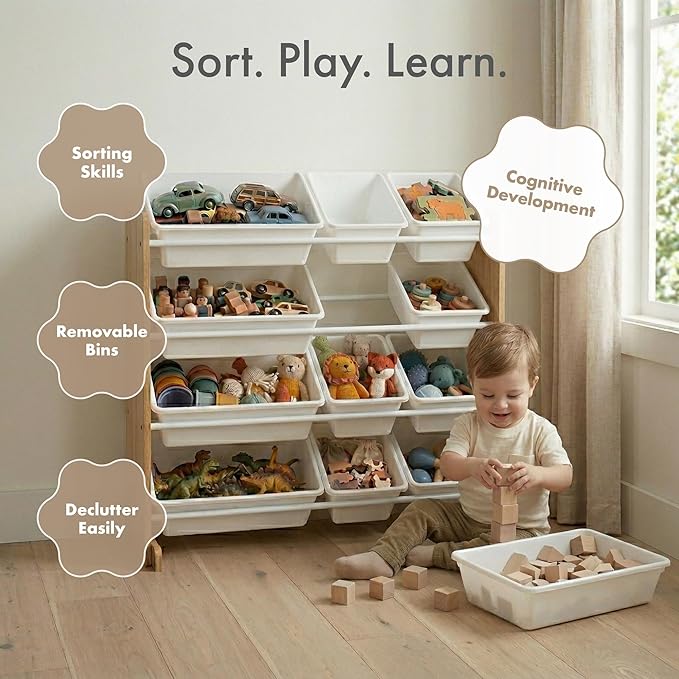 Humble Crew Kids Toy Storage Organizer with 12 Plastic Bins, Natural Wood/White – Removable Bins for Playroom, Bedroom, Toddler Furniture for Boys and Girls Ages