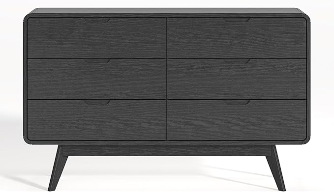 Black Modern 6-Drawer Dresser & TV Stand, 47" Wide Storage Cabinet with Unique Wooden Handles, Mid-Century Style Chest of Drawers for Bedroom, Living Room, Hallway