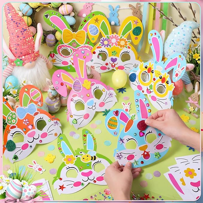 Funrous 48 Sets Easter Crafts Kit Easter Bunny Mask Paper Crafts Bulk DIY Make Your Own Rabbit Face Mask Activity Arts with Foam and Diamond Stickers Spring Classroom Gifts Project Party Favors
