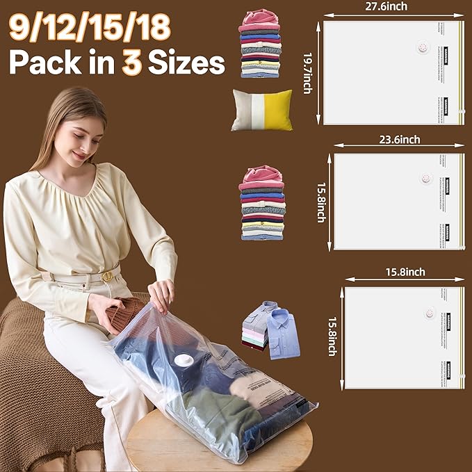 9 Pack Vacuum Seal Bags with Rechargeable Wireless Pump Set, 3 Combo Sizes for Travel Home Storage