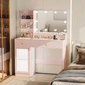 INNOD Pink Vanity Desk with Large Mirror and Lights, Modern Glass Top Makeup Vanity Set with Power Outlet,