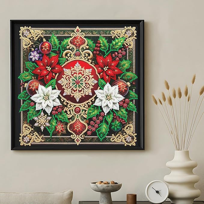 Xmas Flower 5D Special Shape Diamond Art Kits for Beginners, Christmas Winter Theme Diamonds Painting Kits for Adults,DIY Crystal Rhinestones Diamond Paintings for Home Wall Decor 12×12Inch