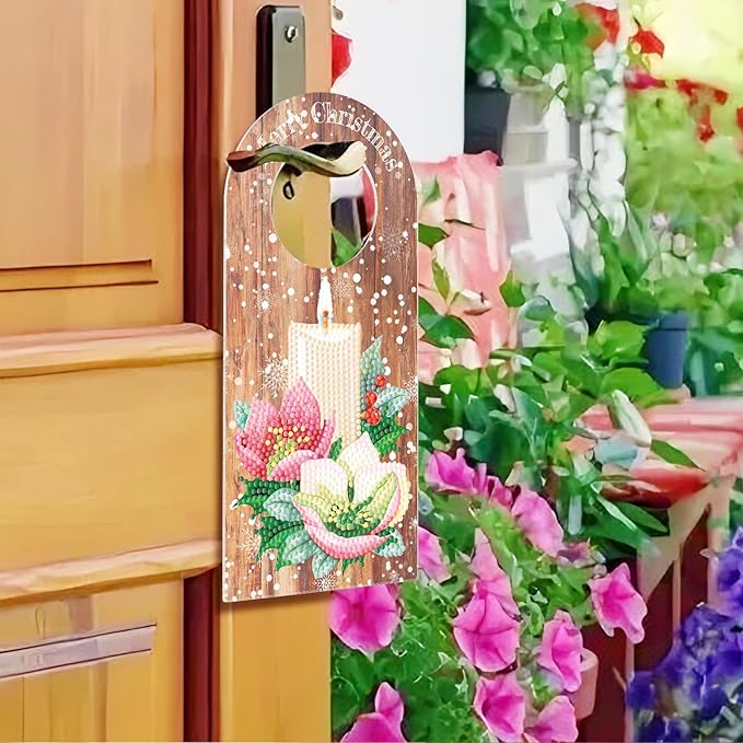 5D Diamond Art Painting Christmas Candle Door Knob Hanger Decorations DIY Kits Wood Diamond Art Christmas Door Handle Hanging Sign Special Shaped Gem Paint by Number Mosaic Home Room Front Door Decor