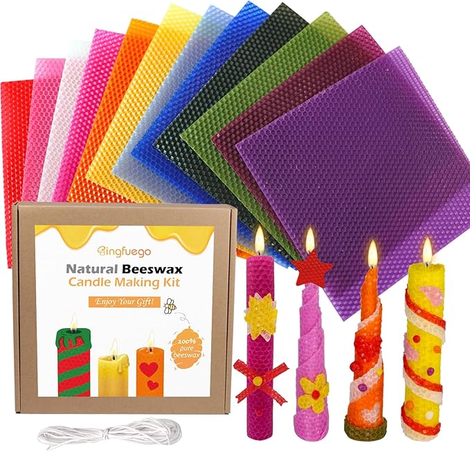 Bingfuego Beeswax Candle Making Kit for Kids - 12 Sheets for Rolling, Natural Bright Color (8 x 8 Inch)