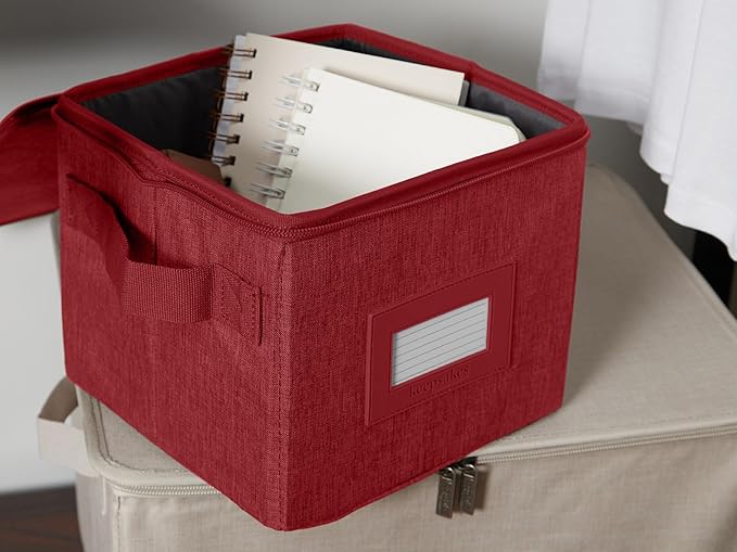 Covermates Keepsakes Zip-Top Storage Box Set, 3 Pack Heavy Duty Polyester Organizer Bins, Stackable Design, ID Window, Reinforced Handles, Closet Home Storage, Red Heather