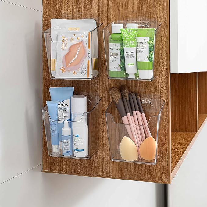 4 Pack Drink Packet Organizer, Clear Acrylic Cabinet Door Organizer Adhesive, Wall Mount Caddy Utensil Holder Floating Bin for Tea Bag Kcup Storage, Sewing Tools, Laundry Pods, Small Cleaning Supply