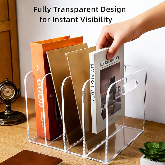 Acrylic Magazine File Holder, 4 Vertical Compartments Desk Document Sorter Organizer, Clear Folder Rack Binder for Office/Documents/Classroom, for Home, Tablet, Magazines, Books & Accessories