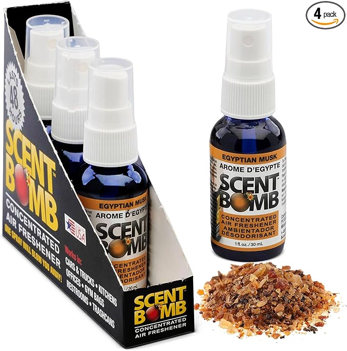 Scent Bomb Air Freshener Spray, Long-Lasting Odor Eliminator - Effective Deodorizer for Home & Car, Fresh Room Spray for Kitchen, Bathroom & Smell Neutralizer - 1 oz Pack of 4, Egyptian Musk Scent