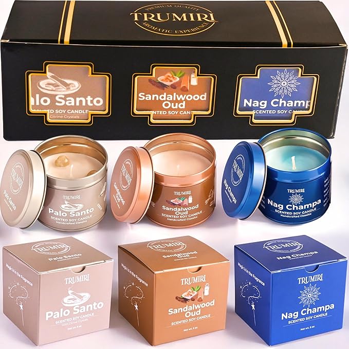 Palo Santo, Nag Champa, Sandalwood Oud - Soy Candles Non Toxic - Highly Scented Long Lasting with Essential Oils - Variety Pack of 3 x 5oz - for Home Aromatherapy Meditation Gift Travel