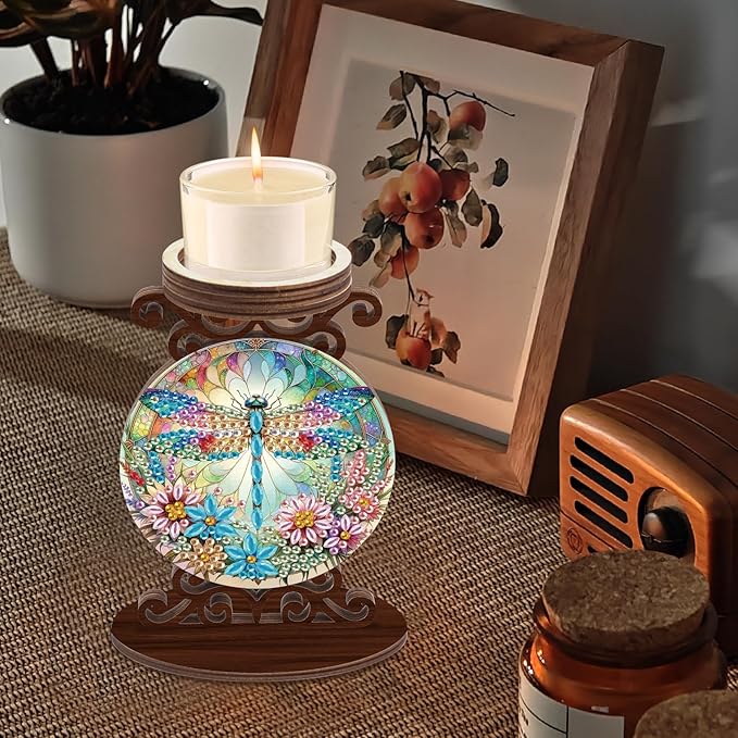 Diamond Art Painting Candlestick Holder kits, Dragonfly DIY shaped crystal Diamond art painting, woodiness Candle holder for AromaRelax & Home Decor, Christmas Halloween Ornaments (Double-Sided)