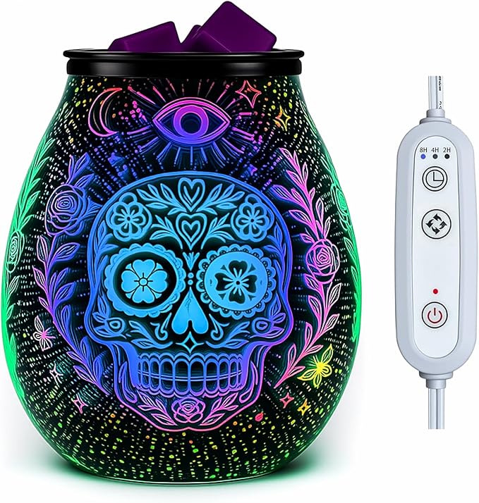 Leyoue 3D Glass Fireworks Electric Wax Melt Warmer with PTC Heating Plate 7 Colors LED Changing Light Wax Burner Melter Fragrance Warmer for Home (Skull Head)