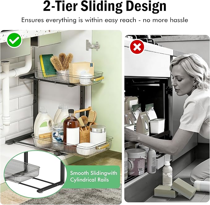Under Sink Organizer - 2 Packs Multi-Purpose Pull-Out Storage Organizers, Slide out Pull out Cabinet Organizer Shelf, Storage for Kitchen Bathroom, Clear