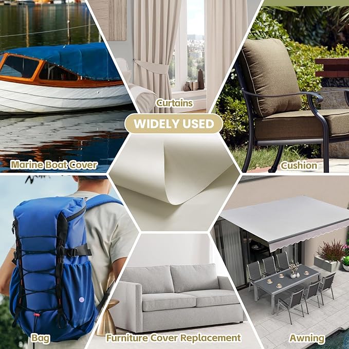 Waterproof Marine Canvas Fabric by The Yard 58" W 600D PVC Backing Water-Resistant Polyester Fabric Upholstery Material for Outdoor Indoor Marine Awning Tent Boat Furniture Cover DIY, 5 Yards Beige