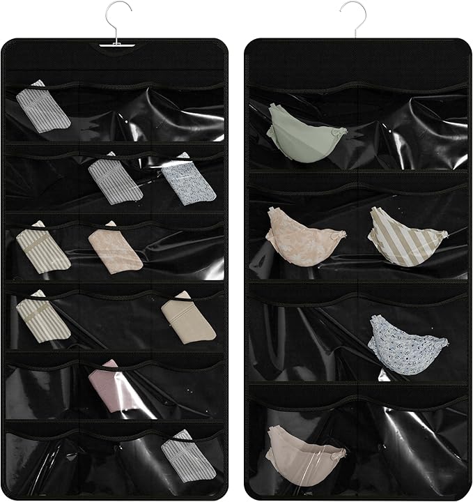 27-Pocket Hanging Organizer for Socks, Underwear, Bras, and Leggings, Dual-Sided Closet Storage for Lingerie and Kids’ Clothing, Black