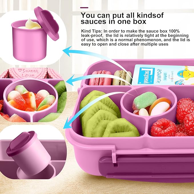 Lunch Box Kids,Bento Box Adult,Lunch Containers for Adults/Kids/Toddler,5 Compartments Bento Lunch Box with Sauce Vontainers,Microwave & Dishwasher & Freezer Safe(Purple)