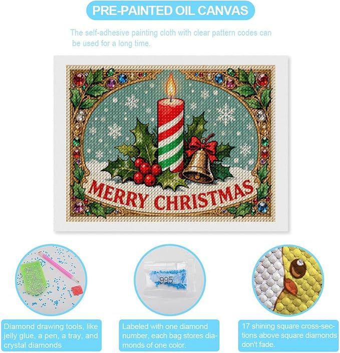 AIVKIEJK Diamond Painting Kits for Adults - Merry Christmas Candle & Holly Accents Painting DIY 5D Full Drill Diamond Dots Paintings with Diamonds Gem Art and Crafts Home Decor 12"x16"
