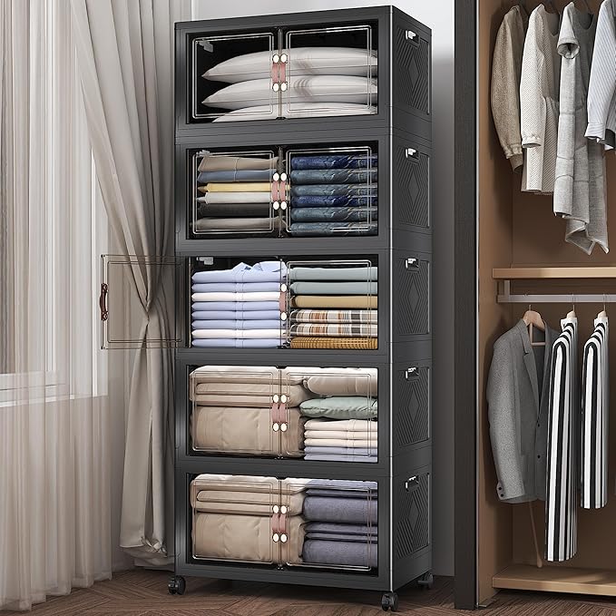 Extra Large Stackable Storage Bins with Lids & Wheels, Foldable Collapsible Closet Organizers Dark Storage Cabinet with Doors for Bedroom Dorm